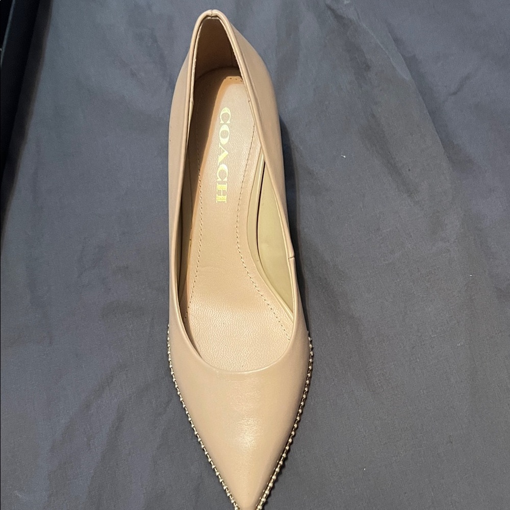 COACH Beige Pointed Toe Leather Flat with Stud Trim